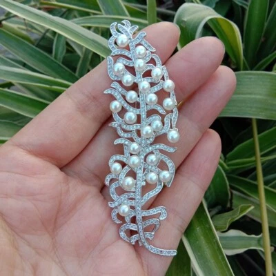 Cubic Zirconia Pave Feathers Shape Freshwater Cultured White Pearl Brooch Pin - Image 1 of 4