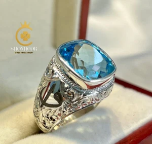 Men's Swiss Blue Topaz Ring – 925 Sterling Silver, Handcrafted and Hand-Engraved - Picture 1 of 5