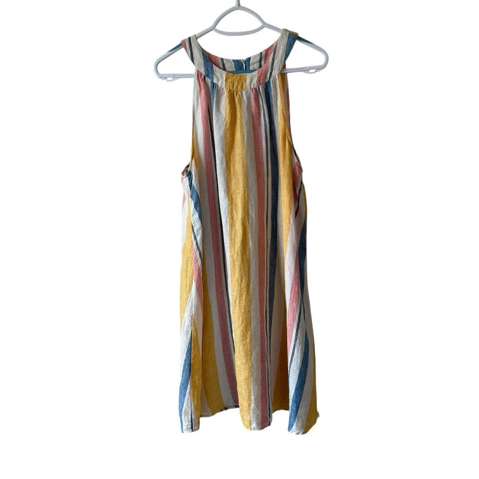 C&C California 100%Linen Yellow Multi Stripe Mini Halter Dress Wmn’s Sz L Summer - Image 1 of 4
