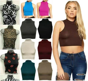 MUJER DAMAS SIN MANGAS POLO CUELLO CAMISETA LISA ESTAMPADA ELÁSTICA CROP CHALECO TOP - Imagen 1 de 27