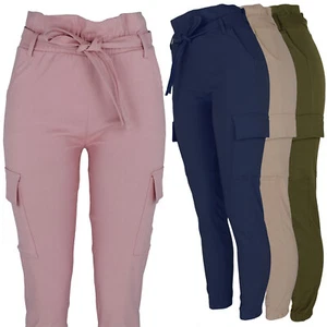 Women's Belted Slim Denim Cargo Pants in Colors, Slim Pull-on Belted Jeggings - Picture 1 of 16