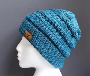 Dark Teal ski hat chunky thick knit slouch cap beanie winter crochet hat marled - Picture 1 of 8