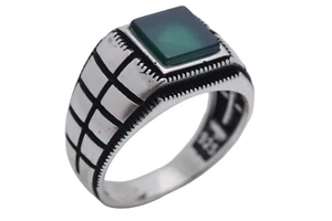 Turkish Style Handmade Jewelry Square Dark Emerald 925 Sterling Silver Men's Rin - Picture 1 of 9