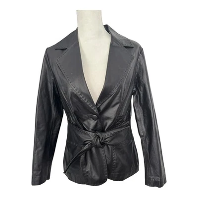 Chaqueta Colleen Lopez Mujer Mediana Negra Cuero Genuino Cinturón Blazer Bolsillos Foto 1 de 4
