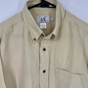 Armani Exchange Mens Medium Vintage Button Up Shirt Long Sleeve Beige Linen - Picture 1 of 9