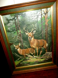 Vintage Paint By Number 2 Deer Buck & Doe 15” X 19” WITH FRAME EUC - Picture 1 of 3