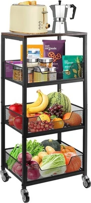4 Tier Black Metal Fruit Basket with Wooden Top Rolling Storage Cart - Image 1 of 4