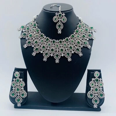 Impresionante conjunto de collar AD con pendientes a juego | Juego de joyas de boda nupcial Foto 1 de 4