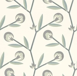 Papel pintado no tejido rápido Sophie Charlotte 440331 flores estilizado tonos verdes crema liso - Imagen 1 de 2