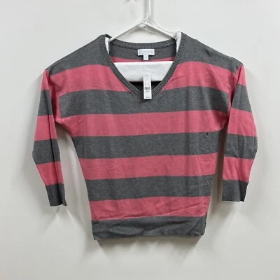 New York Company Sweater Womens Medium Gray Pink V Neck Casual Preppy Ladies - Image 1 of 4