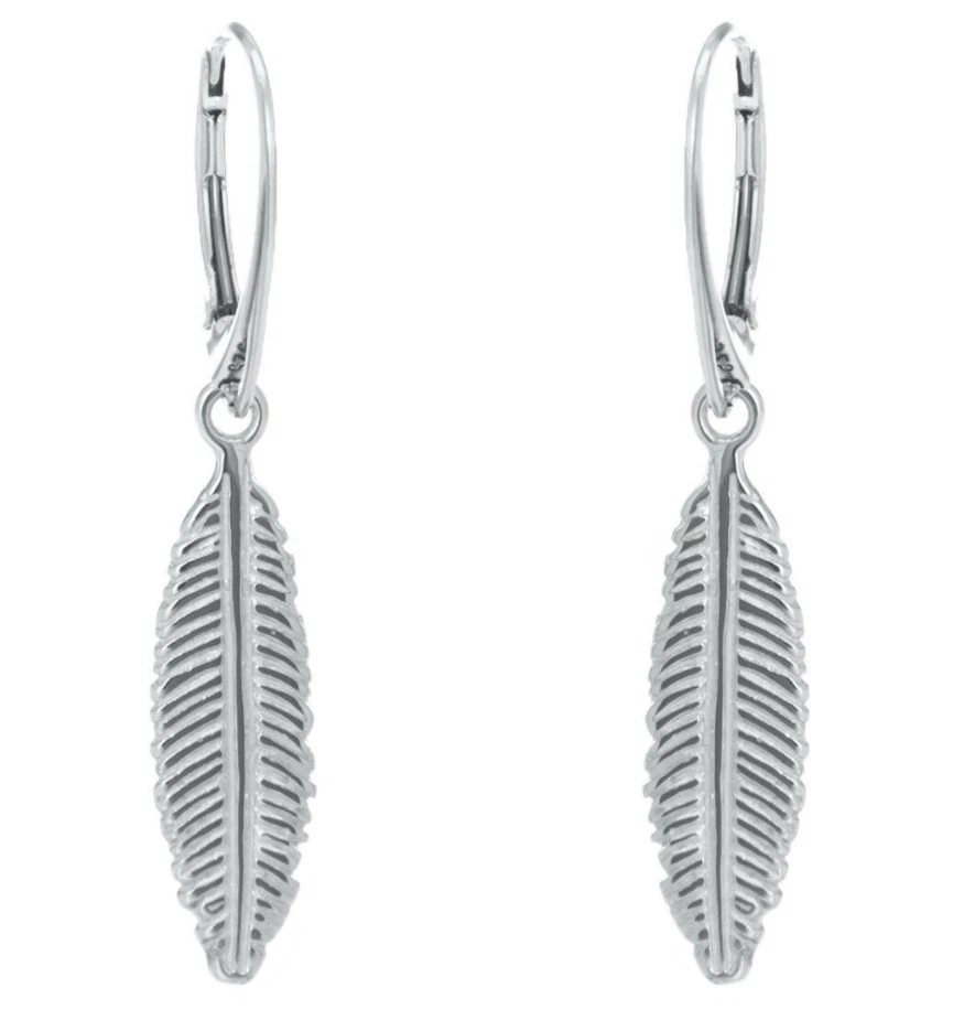 925 Argento Sterling Piuma Design Moderno Goccia Orecchini Gratis Organza Borsa - Immagine 1 di 1