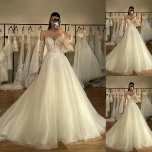 Shiny Glitter Wedding Dresses Detachable Long Sleeve Lace Applique Bridal Gowns - Picture 1 of 9