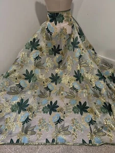 GREEN BLUE GOLD WHITE Metallic Brocade ORGANZA Fabric 58” Width Sold By The Yard - Picture 1 of 5