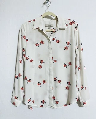 LOFT Mujer Pequeño Blanco Abotonado Top Pestaña Enrollable Mangas Largas Rosa Estampado Floral Foto 1 de 4
