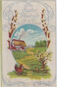 Postcard Easter Greetings Pastoral View Spring Chicken Embossed Posted Rushville - Picture 1 of 2