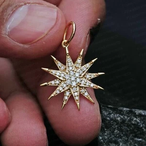 Massiver 14k Gelbgold Stern Anhänger natürlicher gepflasterter Diamant Sternenstaub Charm Schmuck - Bild 1 von 6