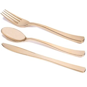 Shiny Gold Plastic Cutlery Wedding Set - 120 Spoons, 120 Forks, 120 Knives - Picture 1 of 10