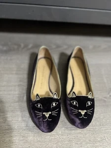 Charlotte Olympia Kitty Flats Purple Velvet Cat Shoes 5.5 (EU 36) Worn Once - Picture 1 of 7