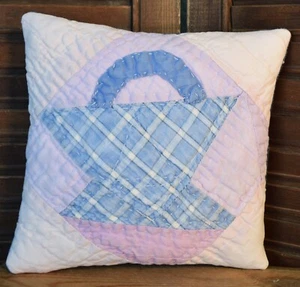 Primitive Small Basket Old Quilt Pillow 6" Tall Blue Plaid Lavender Denim Back - Picture 1 of 2