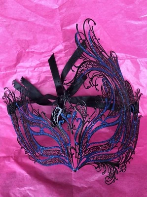 Insignia Venetian Mask, Italian Hand Decorated, Black Metal Blue Glitter - Image 1 of 4