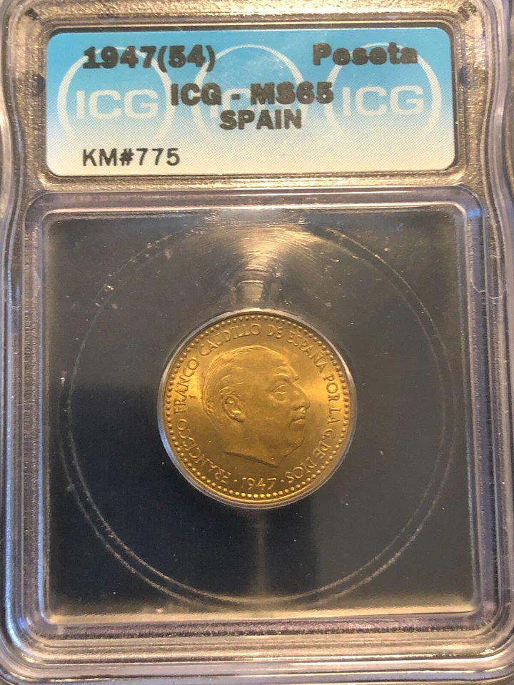 Spain 1 Peseta 1947 (54) MS65 ICG Aluminum-Bronze Coin KM #775 - Image 1 of 4