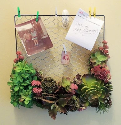 CHICKEN WIRE MESSAGE BULLETIN BOARD w/SUCCULENT BOTTOM 6 CLOTHESPINS 4PICTURES - Image 1 of 4