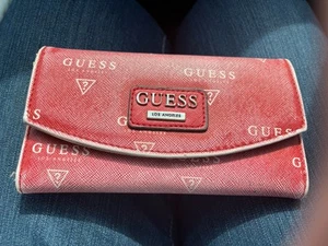 Guess Los Angeles Women’s Wallet Red Faux  Denim Like Clutch Small Size - Picture 1 of 5