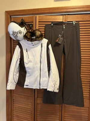 Spyder Ski Jacket Sz 12 Free Country Pants L Perla Helmet S/M White/Brown Apres - Image 1 of 4