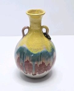 Vintage Studio Kunst Keramik Tropfglasur Doppelgriff Vase Souvenir gelb blau rosa - Bild 1 von 12