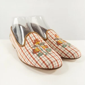 Zalo Shoes Womens 8M Loafers Flats Red Plaid Floral Needlepoint Cottage Folk - Picture 1 of 10