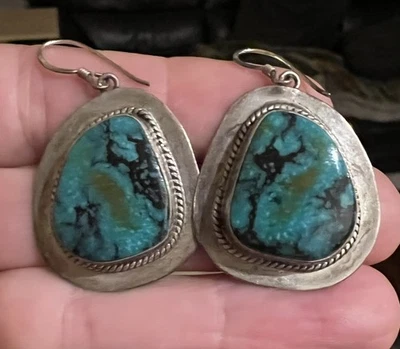 Estate Large Turquoise Stone Sterling Silver Southwestern Earrings Dangle - Image 1 of 4