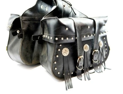 Par de alforjas WILLIE AND MAX en negro Throwover con medallones, flecos, correas Foto 1 de 4