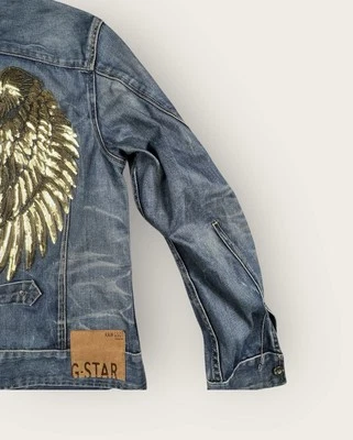 Chaqueta de Camionero G-Star Raw Para Hombres Azul Algodón Lentejuelas Alas de Ángel Denim Talla Mediana Foto 1 de 4