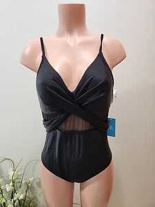Nwt Black Cupshe One Piece Woman’s Bathing Suit Size L Cross Front With Mesh - Picture 1 of 7
