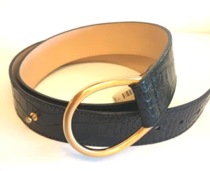 Talbots L Black Leather Croco Embossed Reptile Belt Gold Tone Foldover Buckle - Picture 1 of 8