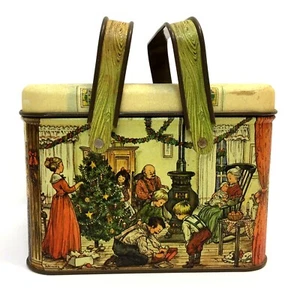 Vintage Christmas Tin Storage w/Holders Basket Potpourri Press 6" x 5" x 4.5" - Picture 1 of 9