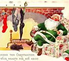 1930 Santa Claus Green Suit Black Cat Fireplace Stockings Christmas Postcard