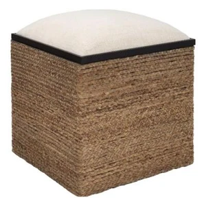 Uttermost Island Square MDF Straw Iron and Fabric Straw Accent Stool in Brown - Picture 1 of 7