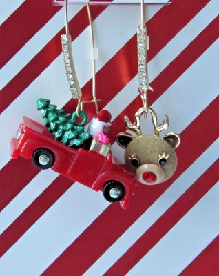 Betsey Johnson Jingle Bell Bling Santa Car & Reindeer Mismatch Drop Earrings NEW - Image 1 of 3