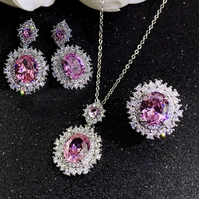 3pc Women Girls Jewelry Pink Topaz Gems Charm Silver Dangle Earring Necklace Set - Image 1 of 4