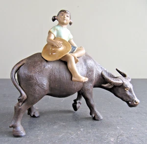 Vintage Shiwan Ceramic Figurine Chinese Girl Riding Water Buffalo - Picture 1 of 12