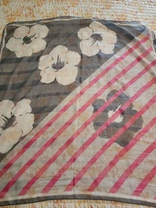 Vintage Gabrielle Paris Pink And Gray Stripe Flower Scarf Silk 1960s 1970s 33x31 - Picture 1 of 6