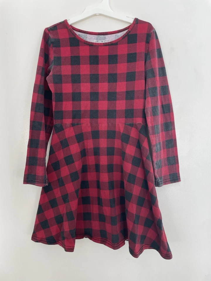TCP Kids Girls Buffalo Check 100% 棉合身喇叭长袖连衣裙红色 M 7/8 — 第 1/4 张图片
