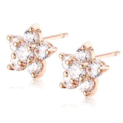 Bonitos Nuevos Pendientes Flor Cristal Circonita Cúbica Transparente Relleno Oro Rosa Circonita Foto 1 de 4