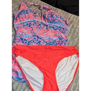 Sommer Mae Tankini Badeanzug Set Neckholder Top geraffte Seiten koralle rosa blau L Neu mit Etikett - Bild 1 von 10