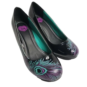 T.U.K. Black & Purple Peacock Feather Anti-Pop Heels Size 6 - Picture 1 of 7