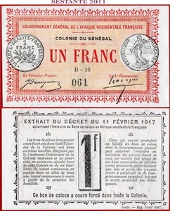 SENEGAL 1 FRANCO L 11 2 1917 P 2b UNC-(menos)/UNC envío gratuito desde 100$ - Imagen 1 de 8