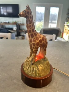 Hand Painted Giraffe Flicker Lamp Slip Cast Signed Tara Hand Made Wood Base - Picture 1 of 13