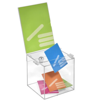 Losbox aus Acrylglas 150x150x150mm, mit Schloß und Topschild DIN A5 Hoch - Bild 1 von 4