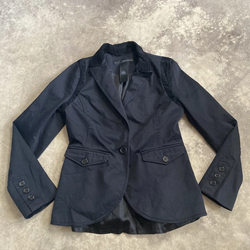 Blazer Calvin Klein Mujer Mediano Negro Un Pecho Chaqueta Bolsillos Algodón Foto 1 de 4
